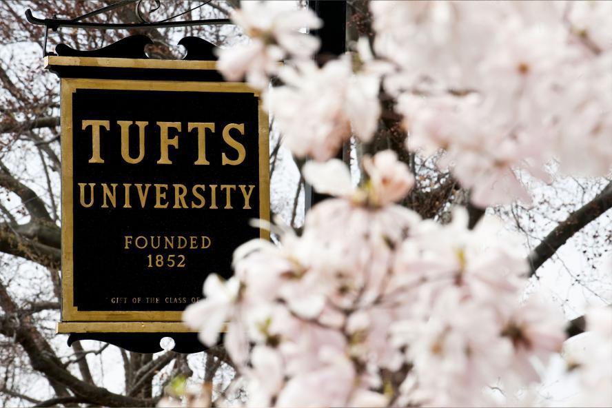 Tufts University sign near flowers