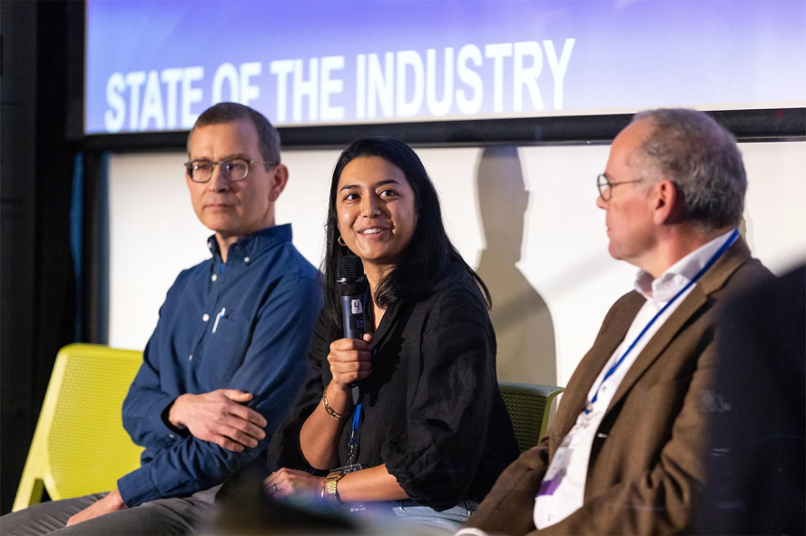 Bruce Freidrich of the Good Food Institute, Isha Datar of New Harvest, and Mark Post of Mosa Meat were among the conference panelists. Photo: Paul Rutherford