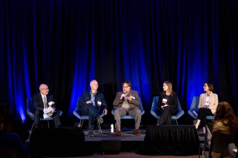 Five panelists against blue background speaking at Cell Ag Innovation Day